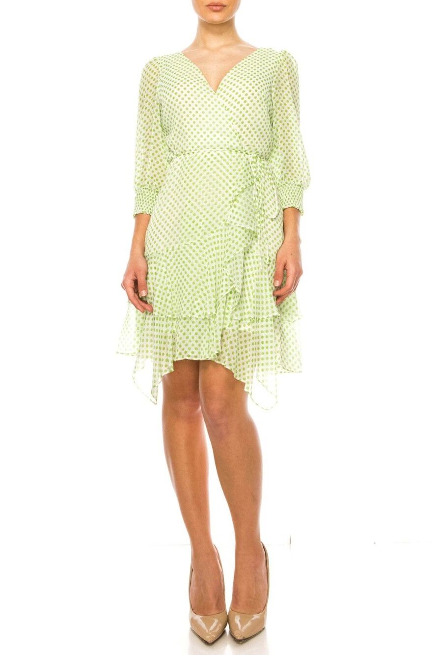 Maison Tara Green and Ivory Polka Dot Wrap Long Sleeve Ruffle Hem Dress Sz 16 **